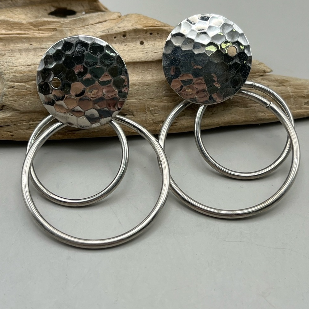 Vintage Silver Hammered Double Circle Hammered Earrings -Glamour Gift